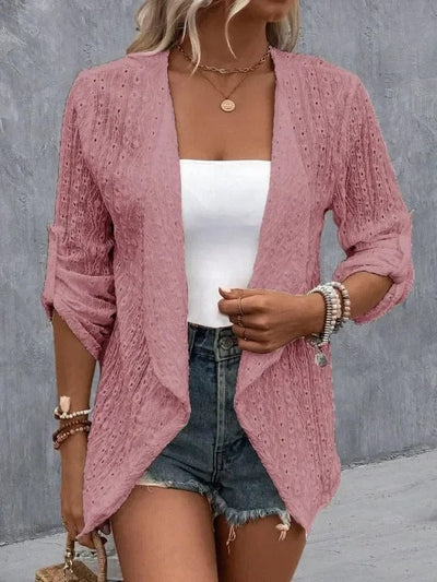 Cárdigan bohemio de crochet abierto y ligero para mujer.
