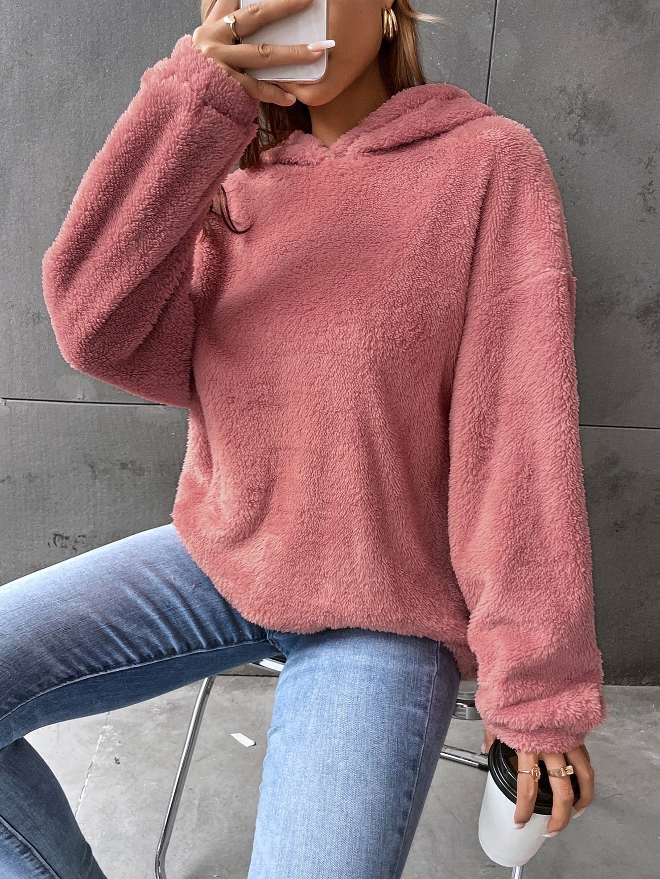 Felpa con cappuccio da donna - Pullover in pile - Modello corto - Vestibilità comoda - Maniche lunghe