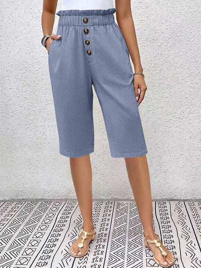 Bermuda femme - Coupe décontractée - Taille élastiquée - Boutonné sur le devant - Matière légère