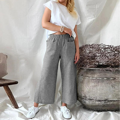Melissa - Pantalon de loisirs large à rayures en coton et lin