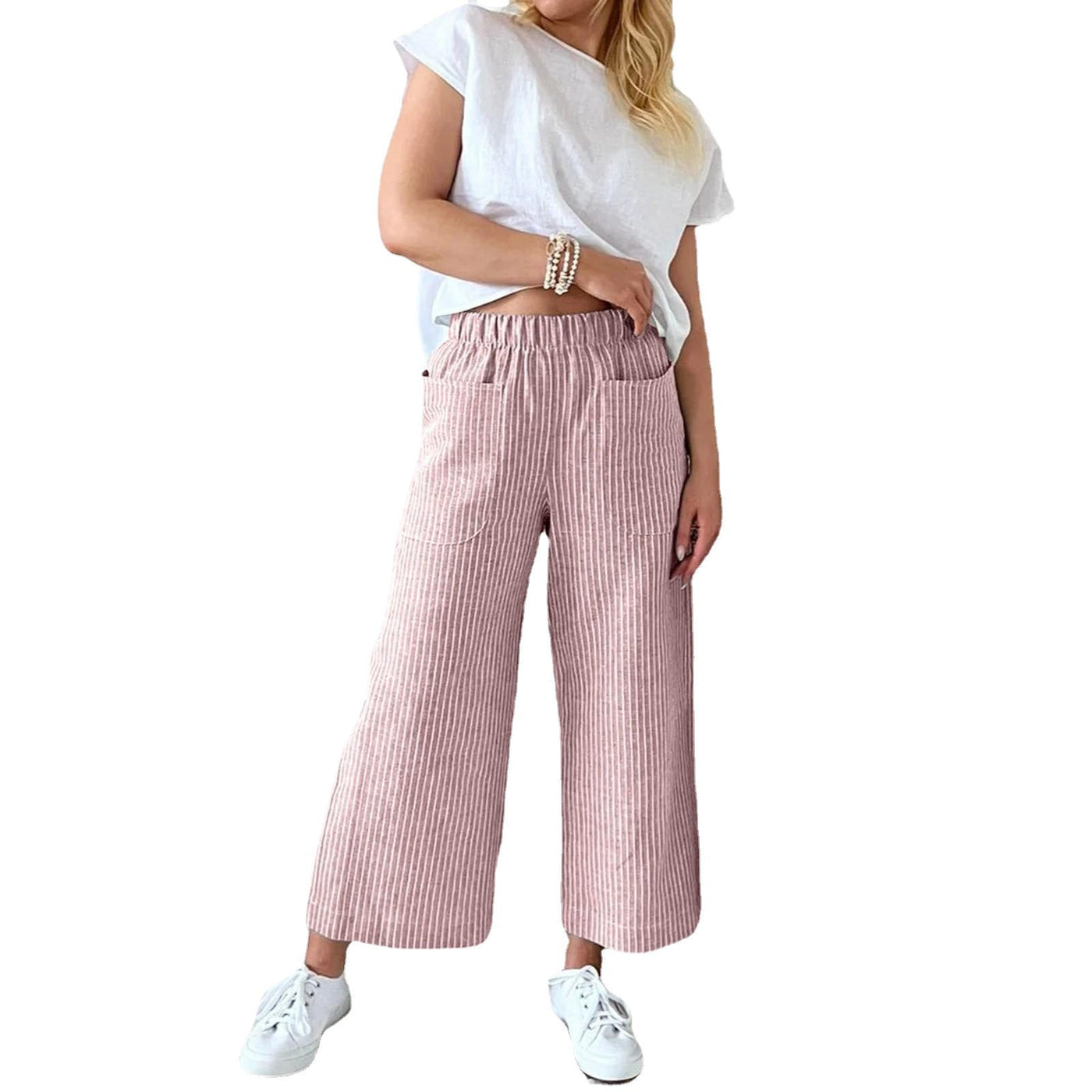 Melissa - Pantalon de loisirs large à rayures en coton et lin
