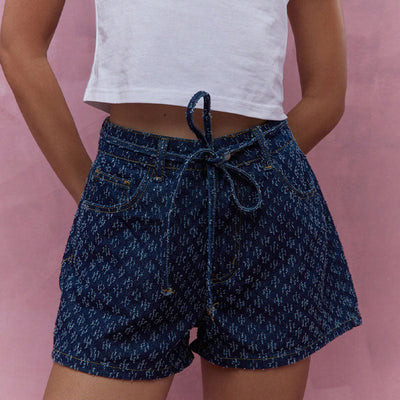Shorts vaqueros para mujer - Cintura alta - Corte holgado - Cordón ajustable - Diseño de cinco bolsillos
