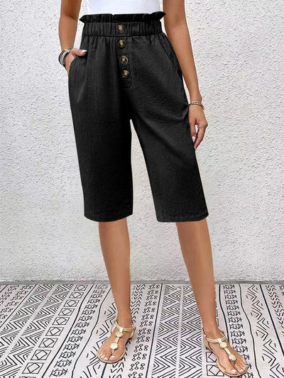 Bermuda femme - Coupe décontractée - Taille élastiquée - Boutonné sur le devant - Matière légère