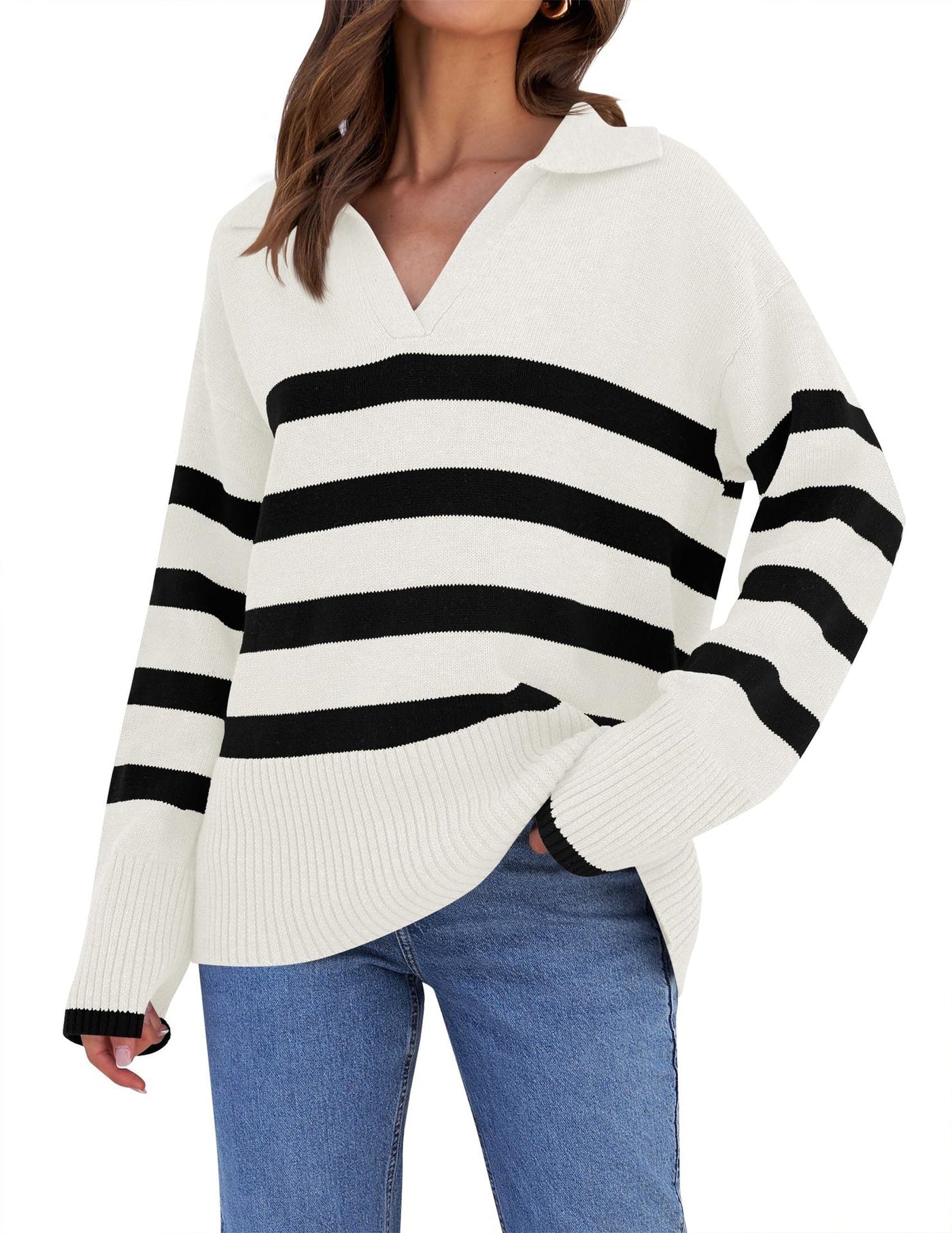 Suéter de punto con cuello a rayas para mujer | Perfecto para todas las estaciones 