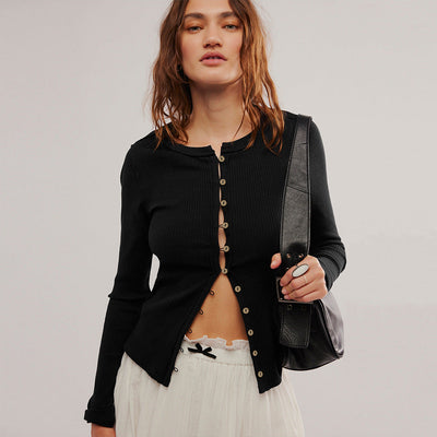 Moda perfecta | Cárdigan de punto acanalado con botones de color liso