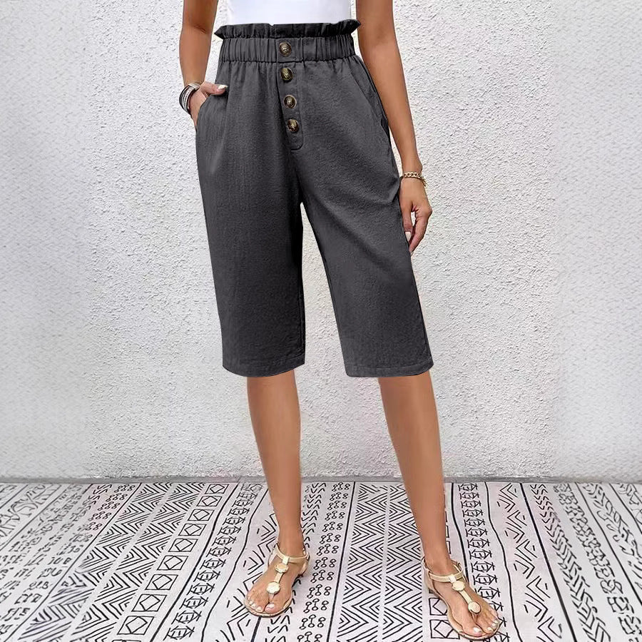 Bermuda femme - Coupe décontractée - Taille élastiquée - Boutonné sur le devant - Matière légère
