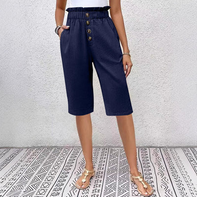 Bermuda femme - Coupe décontractée - Taille élastiquée - Boutonné sur le devant - Matière légère
