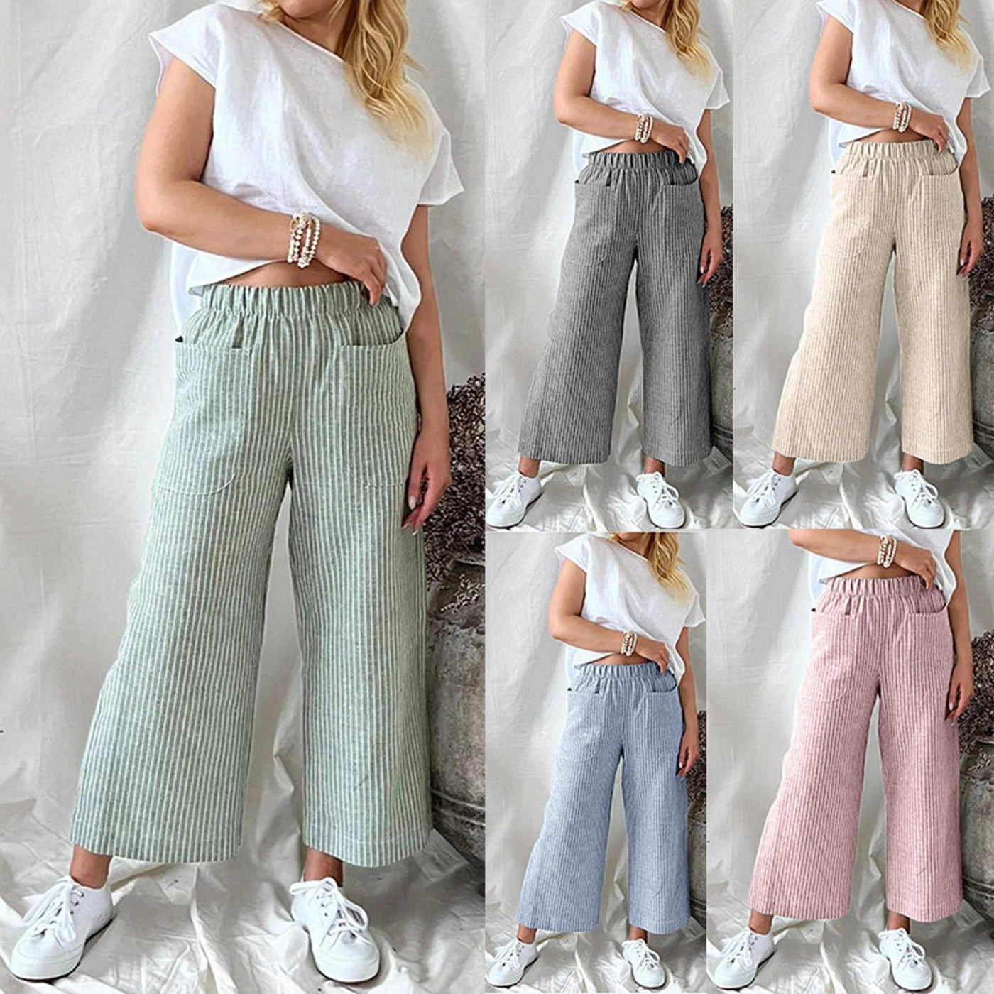 Melissa - Pantalon de loisirs large à rayures en coton et lin