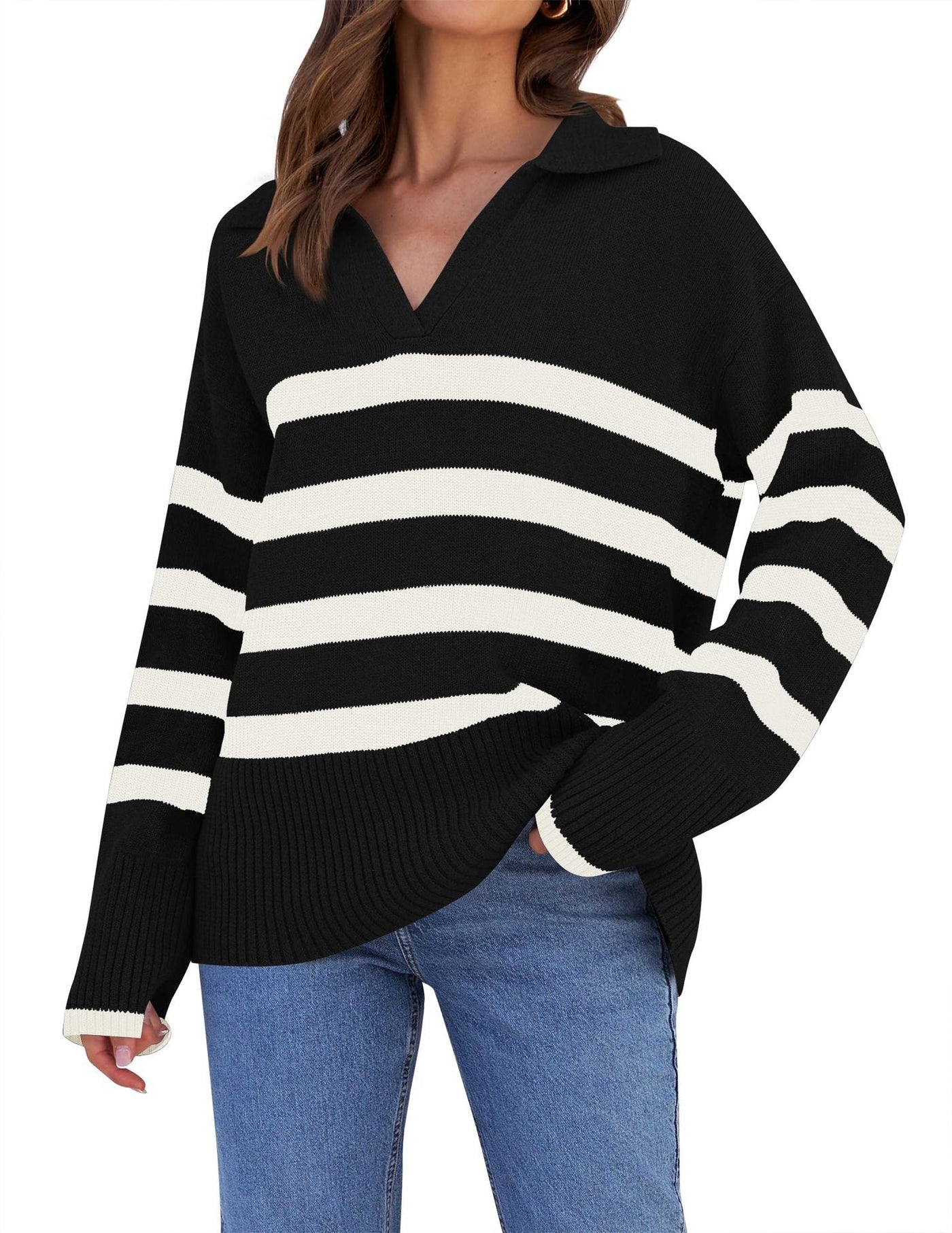 Suéter de punto con cuello a rayas para mujer | Perfecto para todas las estaciones 