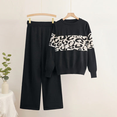 Moda perfecta | Conjunto de punto de cintura alta con jersey con estampado de leopardo 