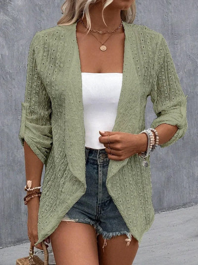 Cárdigan bohemio de crochet abierto y ligero para mujer.