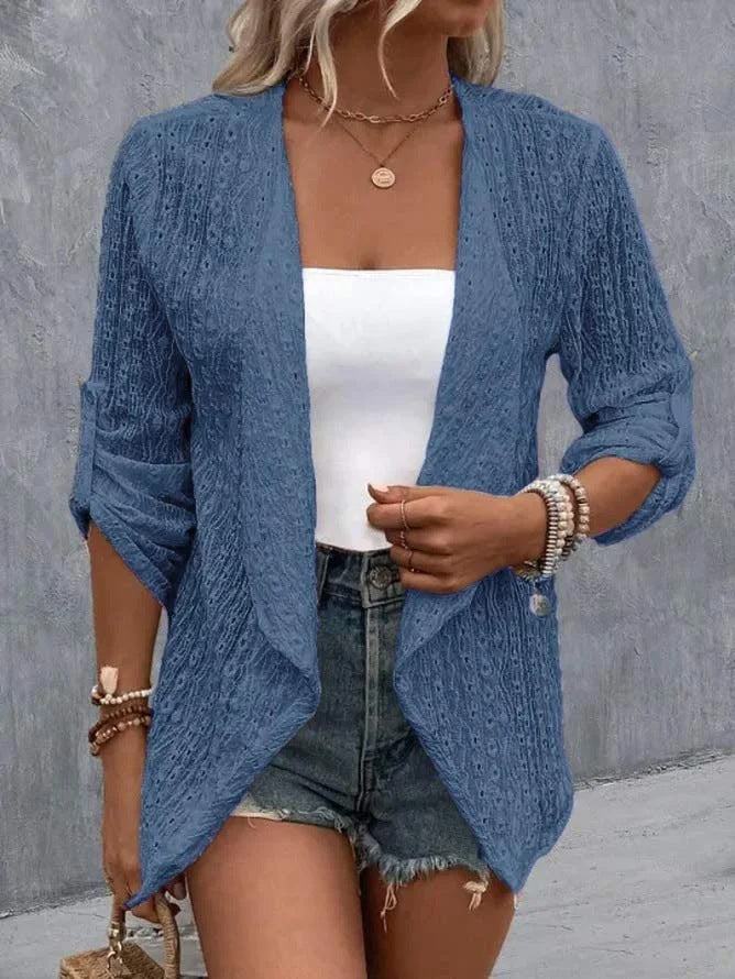 Cárdigan bohemio de crochet abierto y ligero para mujer.
