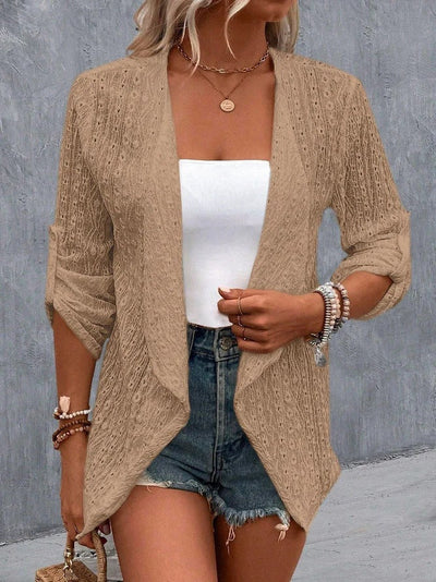 Cárdigan bohemio de crochet abierto y ligero para mujer.