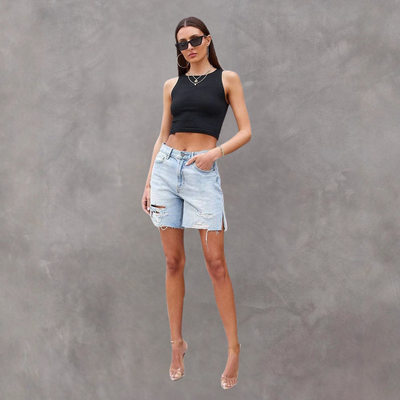 Short en jean pour femme - Coupe décontractée - Effet vieilli - Longueur bermuda