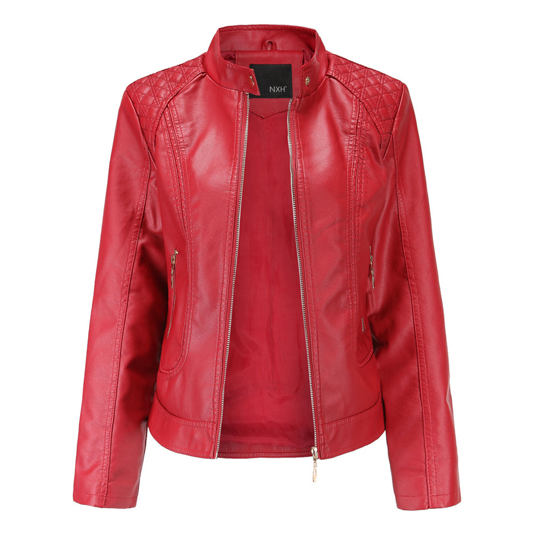 Veste en cuir PU avec cou féminin élevé