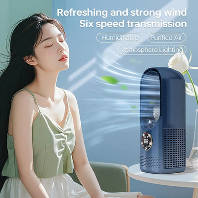 Ventilateur sans pales avec humidificateur et lumière RVB - Silencieux et sans fil pour la maison et les voyages