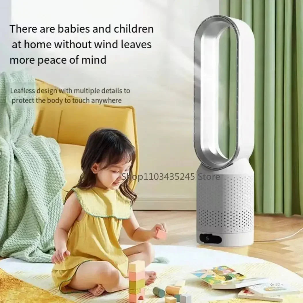 Ventilador de torre sin aspas 3 en 1: seguro, silencioso y elegante con 8 velocidades y control remoto.