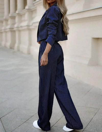 Tailleur pantalon à pinces pour femme - Blazer court - Croisé - Taille haute et jambe large