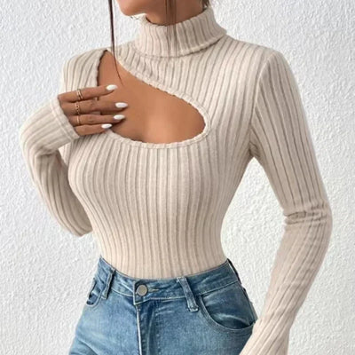 Pull col roulé à manches longues pour femme avec poitrine creuse