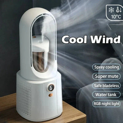 Ventilador de habitación sin aspas con refrigeración por aspas y luz nocturna: mini enfriador de aire silencioso para dormir mejor en verano.