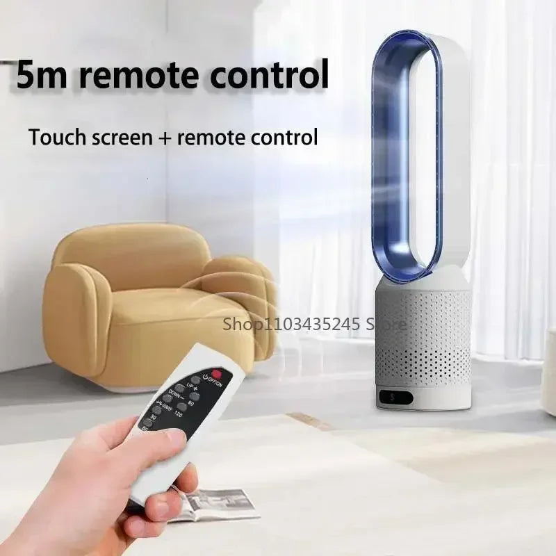 Ventilador de torre sin aspas 3 en 1: seguro, silencioso y elegante con 8 velocidades y control remoto.