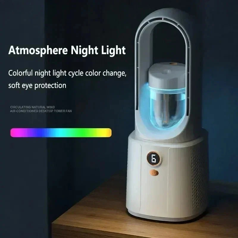 Ventilador de habitación sin aspas con refrigeración por aspas y luz nocturna: mini enfriador de aire silencioso para dormir mejor en verano.
