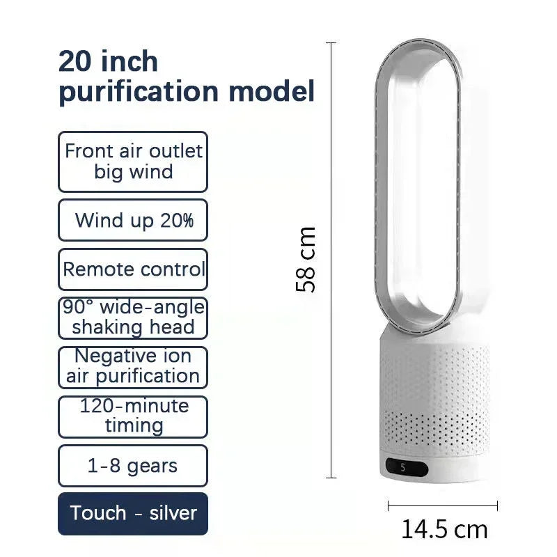 Ventilador de torre sin aspas 3 en 1: seguro, silencioso y elegante con 8 velocidades y control remoto.