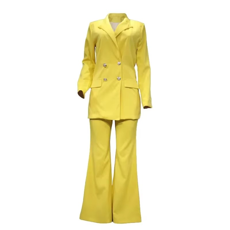 Blazer elegante da donna con chiusura a bottoni e pantaloni svasati - Set di due pezzi per ogni stagione