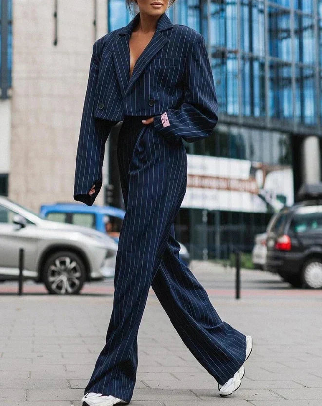 Tailleur pantalon à pinces pour femme - Blazer court - Croisé - Taille haute et jambe large