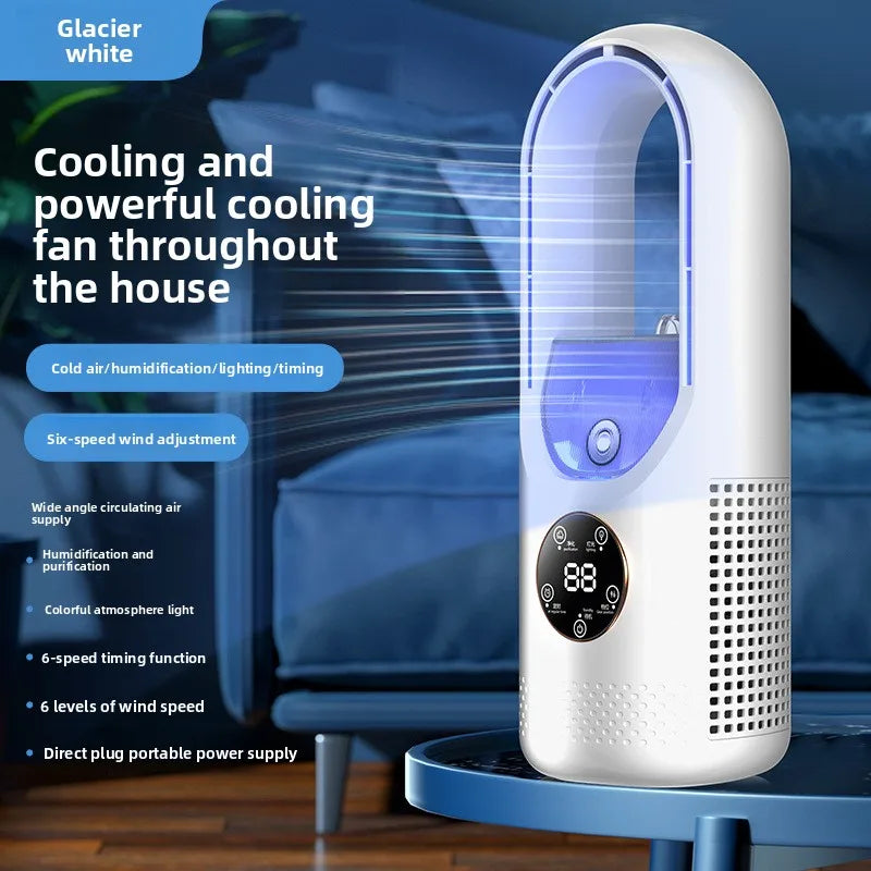 Ventilateur sans pales avec humidificateur et lumière RVB - Silencieux et sans fil pour la maison et les voyages
