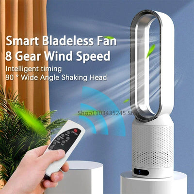 Ventilador de torre sin aspas 3 en 1: seguro, silencioso y elegante con 8 velocidades y control remoto.
