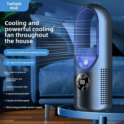 Ventilateur sans pales avec humidificateur et lumière RVB - Silencieux et sans fil pour la maison et les voyages