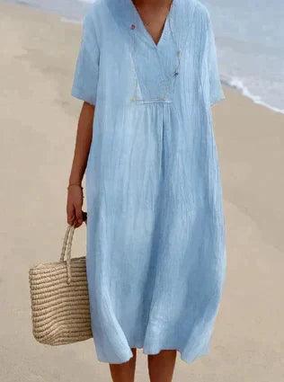 Robe en lin à col en V et manches courtes - Coupe décontractée