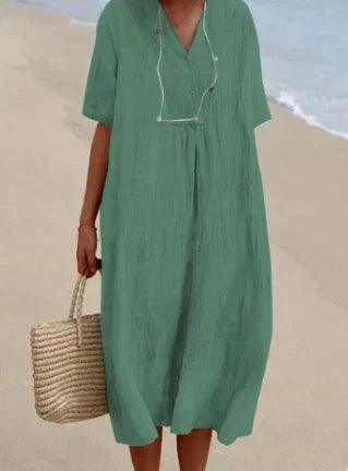 Robe en lin à col en V et manches courtes - Coupe décontractée