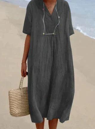 Robe en lin à col en V et manches courtes - Coupe décontractée