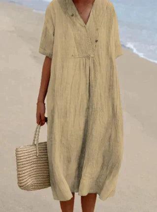 Robe en lin à col en V et manches courtes - Coupe décontractée
