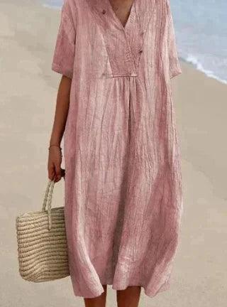 Robe en lin à col en V et manches courtes - Coupe décontractée