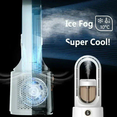 Ventilador de habitación sin aspas con refrigeración por aspas y luz nocturna: mini enfriador de aire silencioso para dormir mejor en verano.