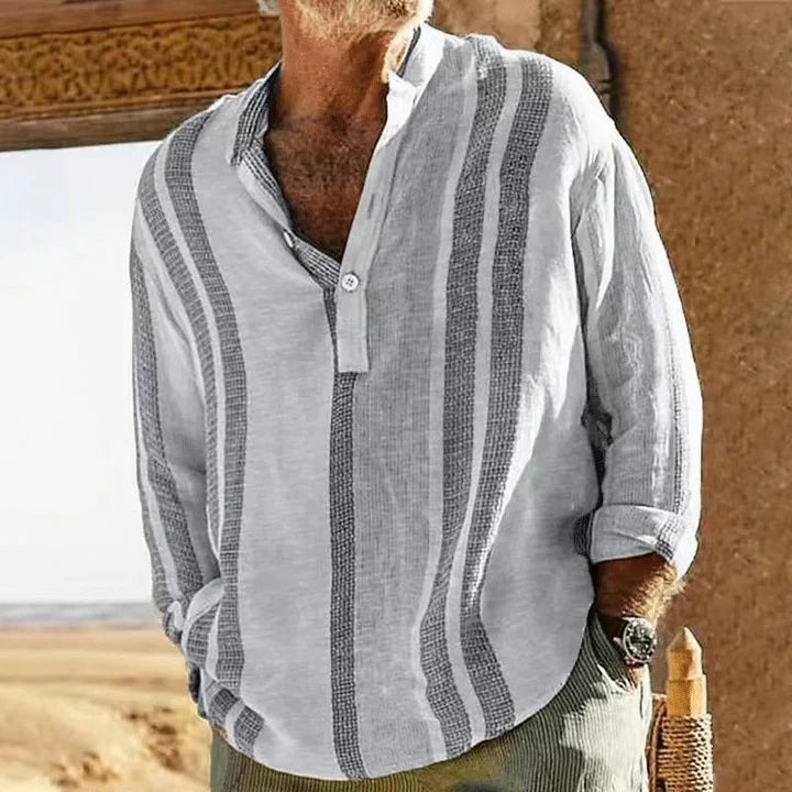Camisa de hombre - 100% lino - Corte casual - Estampado de rayas - Cuello abuela