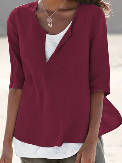 Elegante blusa de lino blanco con cuello redondo para mujer - Tamera