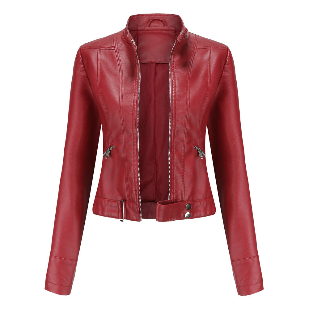 Chaqueta de cuero para mujeres con cremallera, cuello alto y cinturón