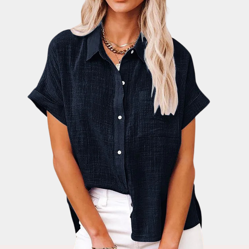 Camisa de lino con cierre de botones y bolsillo de parche para mujer