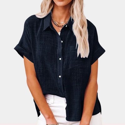Camisa de lino con cierre de botones y bolsillo de parche para mujer