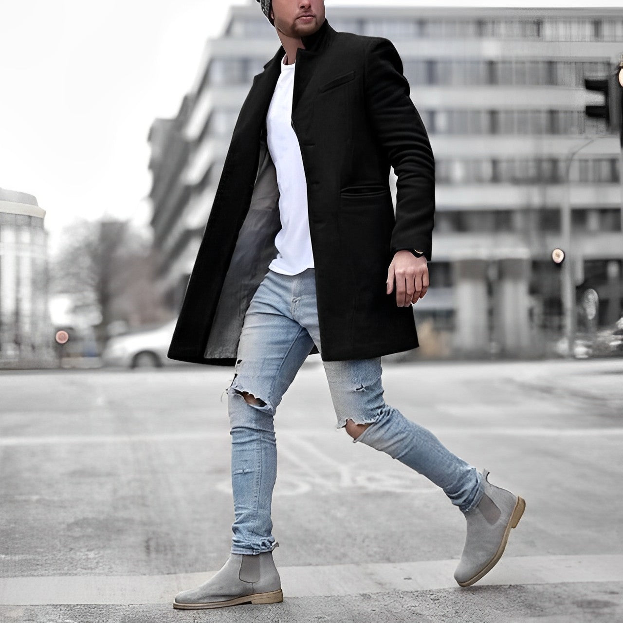 Elegante abrigo de invierno para hombre.