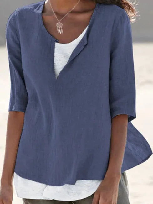 Elegante blusa de lino blanco con cuello redondo para mujer - Tamera