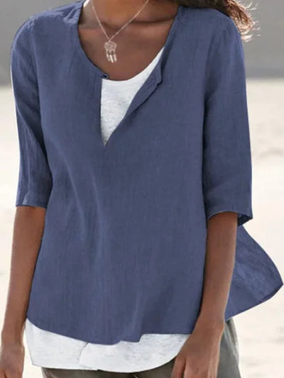 Elegante blusa de lino blanco con cuello redondo para mujer - Tamera