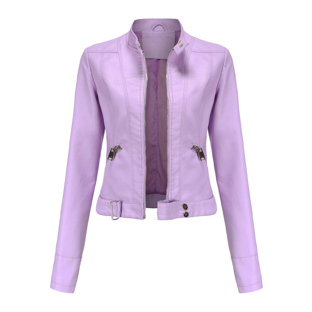 Chaqueta de cuero para mujeres con cremallera, cuello alto y cinturón