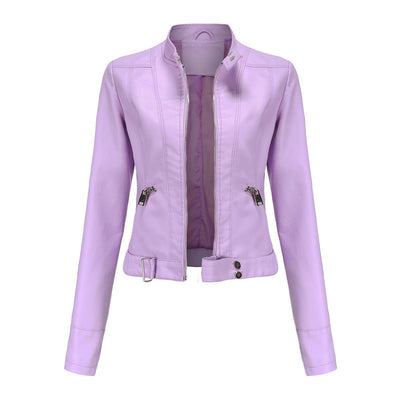 Chaqueta de cuero para mujeres con cremallera, cuello alto y cinturón