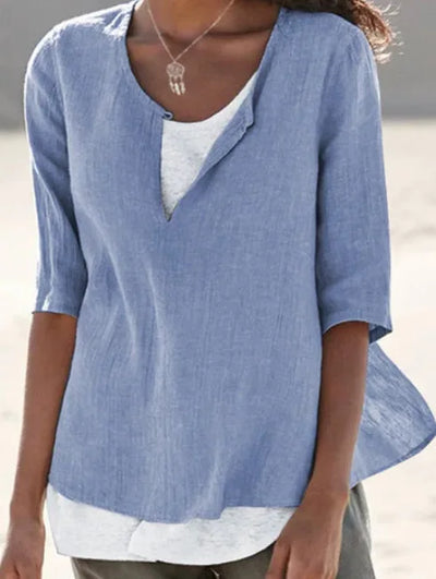 Elegante blusa de lino blanco con cuello redondo para mujer - Tamera