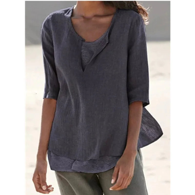 Elegante blusa de lino blanco con cuello redondo para mujer - Tamera